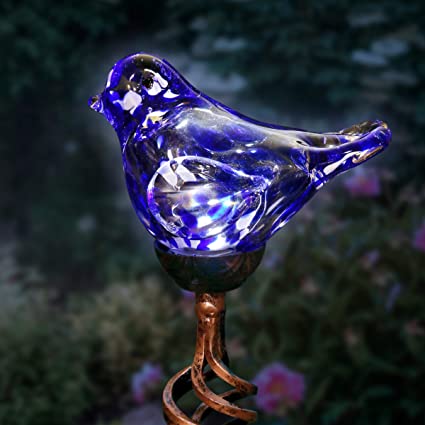 Exhart Solar Blue Hand-Blown Glass Bird Yard Stakes -Bird Garden Stake w/Solar LED Lights in Spiral Bronze Finial Design - Bird Metal Stakes, Bird Decor, Garden Art Bird Ornaments, 7" L x3 W x30 H