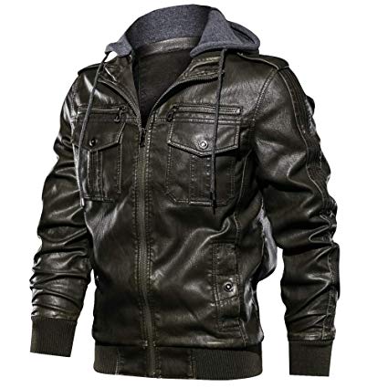 JYG Men's Stand Collar Faux Leather Motorcycle Jacket with Removable Hood