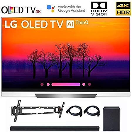 LG OLED55E8 Class E8 OLED 4K HDR AI Smart TV 2018 Model, LG SK8Y 2.1 ch High Res Audio Sound Bar, Wall Mount, 2HDMI Cables. LG Authorized Dealer! (55-inch)