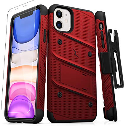ZIZO Bolt Series iPhone 11 Case - Heavy-Duty Military-Grade Drop Protection w/Kickstand Included Belt Clip Holster Tempered Glass Lanyard - Red