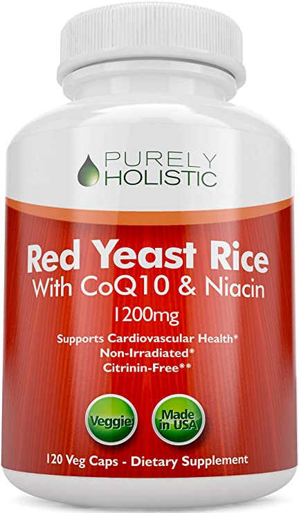Red Yeast Rice 1200mg with CoQ10 & Flush Free Niacin, 120 Vegan and Vegetarian Capsules - Non Irradiated - Citrinin Free - Supports Healthy Cholesterol Levels & Cardiovascular System