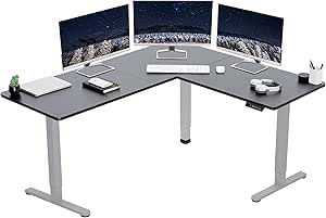 VIVO Electric Height Adjustable 63 x 55 inch Corner Stand Up Desk, Black Table Top, Gray Frame, L-Shaped Standing Workstation, 3CT Series, DESK-E3CTGB