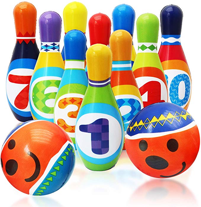 THE TWIDDLERS Kids Soft Bowling Toy Set - 10 Multi-Coloured Foam Skittles with 2 Pin Balls - Young Toddlers Baby Children Home Preschool Game Play Garden Outdoor Toys Party Games Funny Gifts