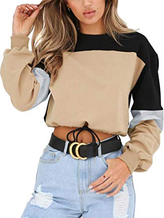 Angashion Womens Sweatshirt-Long Sleeve Drawstring Hem Color Block Crop Top Pullover Tops