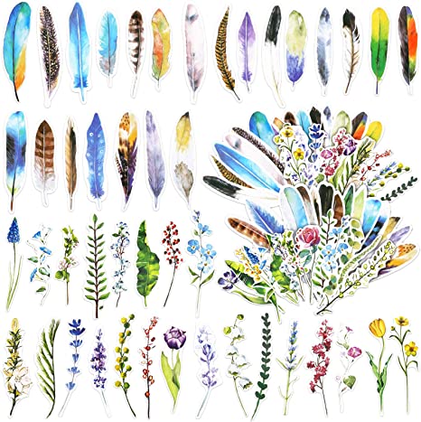 120 Pieces Colorful Flower Feather Shaped Bookmarks Floral Bookmark Card Feather Bookmark Paper Bookmark for Kids Woman Teacher Students Reading Planner Books School Office, 60 Designs