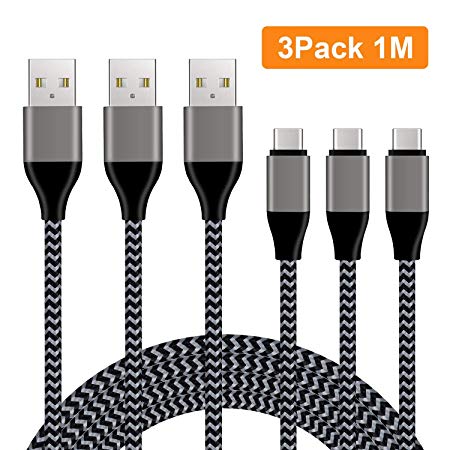 USB Type C Cable, Xcords USB C Cable 3Pack 1M USB C to A Nylon Braided Fast Charger Cord for Huawei Mate 20, 20 Pro, Galaxy Note 9, Note 8, S9, S9 Plus,S8, LG G5 G6 V30(Black)