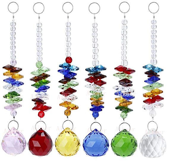 Aiskaer 6pcs Beautiful Colorful Crystal Ball Pendant Chandelier Decor Hanging Prism Ornaments,Crystal Ornament Ball Suncatcher Window Prisms,Feng Shui Faceted Ball