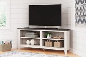 Signature Design by Ashley Dorrinson Modern Corner TV Stand with 4 Shelves & Fits TVs Up to 58 Inches, Whitewash & Gray