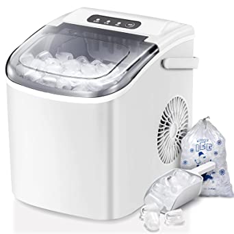 R.W.FLAME Ice Makers Countertop, Portable Ice Maker Machine with Self-Cleaning, 26.5lbs/24Hrs, 6 Mins/9 Pcs Bullet Ice, Ice Scoop and Basket, Handheld Ice Maker for Kitchen/Home/Office/Party,White