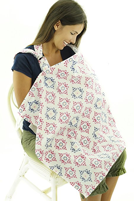 Nursing Cover for Breastfeeding – Red & Blue Star Pattern Feeding Apron - Breathable Cotton