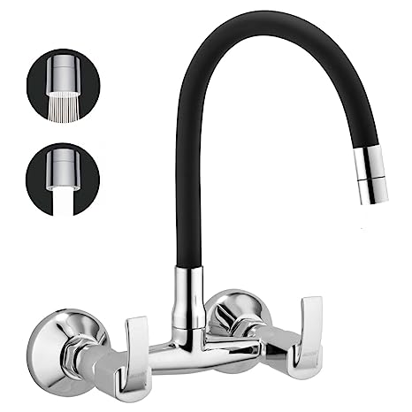 ALTON QBA9071 Brass Sink Mixer with Flexible Swivel Spout, Black & Chrome Finish (Dual Flow)