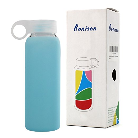 Bonison Durable Glass Water Bottle with Soft Colorful Silicone Sleeve Handle Lid