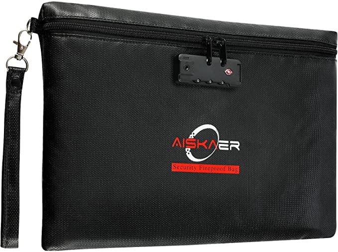Aiskaer Fireproof Document Bag with Lock, 14"x10"Fireproof Bag with Zipper, Fireproof&Waterproof Storage Pouch for A4 Size Document, Cash, Passport and Valuables-Black