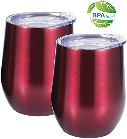 YSBER 2 Pack/12 oz Insulated Stemless Glass Stainless Steel Tumbler Cup with Lids for Cold & Hot Drink, Wine, Cocktail, Coffee, Champagne, Outdoor Drinkware (Light red)