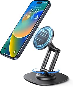 OMOTON 360°Rotating Magnetic Phone Stand for Desk, Adjustable Foldable Aluminum for MagSafe Phone Stand, Non-Slip Base Cell Phone Holder for iPhone 15/14/13/12 Pro Max/MagSafe Case- Black