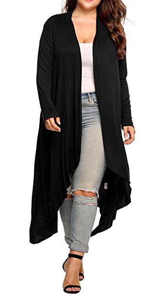 Women's Plus Size Long Sleeve Waterfall Asymmetric Drape Open Long Maxi Cardigan