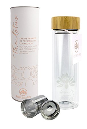 'The Lotus' Glass Tea Tumbler Travel Bottle   Strainer & Infuser for Tea, Coffee, Fruit Infusions. Soulful Design. Beautifully Packaged   Gift Ready, Eco-Friendly.