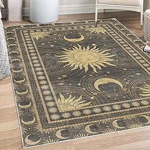 Ambesonne Sun and Moon Decorative Rug, Bohemian Occult Design of Crescent Solar Ornament Esoteric Stars, Quality Carpet for Bedroom Dorm and Living Room, 4' x 5' 5", Charcoal Grey Sand Brown