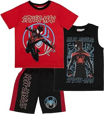 Marvel Avengers Spider-Man Black Panther Miles Morales Boys Superhero Short Sleeve T-Shirt, Tank Top and Mesh Shorts Set