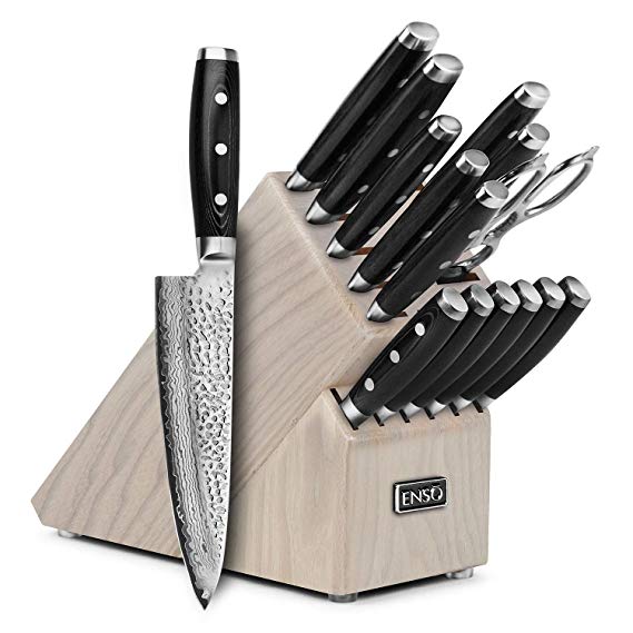 Enso HD 16 Piece Knife Set - Made in Japan - VG10 Hammered Damascus Stainless Steel with Gray Ash Block