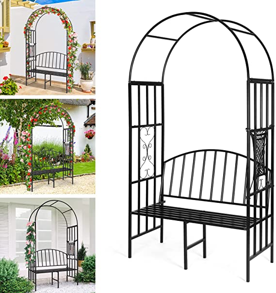 Garden Arch with Bench Heavy Duty (Holds 660lbs-250kg) | Metal Garden Arch Arbor Archway for Climbing Plant & Two People Seat Bench |Outdoor Garden Lawn Backyard Decor 81 x 45.3 x 20 in - Black