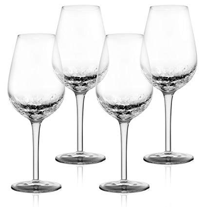 4 Pack Crackle Wine Glasses 14oz- Elegant Partially Crackled Bowl- Long, Thick Stem & Stable Base- Unique Handmade Design Sparkles Like Fractured Ice- Iridescent Wine Glasses set for Red & White Wine