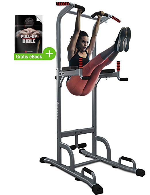 Sportstech 7in1 Power Tower PT300 as dip station, power tower & gymtower, multifunctional power station for home with pull-up bar, push-up and 4 eyelets for TRX, ropes & slings, sit-ups