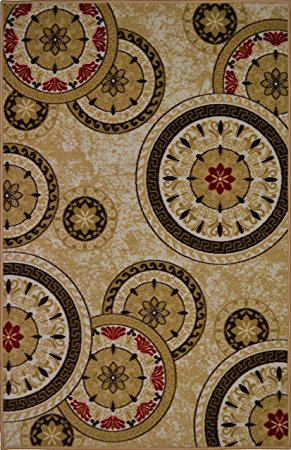 Adgo Collection Modern Contemporary Floral Live Rectangular Circular Design Rubber-Backed Non-Slip (Non-Skid) Rugs| Thin Low Profile Indoor/Outdoor Floor Rug (3' x 5', Beige Red Wheel)