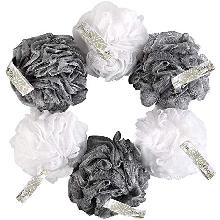 JCMASTER Loofah Shower Scrunchie for Men Women, [ Non-Vacuum Pack ] Mesh Pouf Poofs Puff Bath Lufa Loufa Luffa Scrubber Sponges for Exfoliating Your Skin 6 Pack, Large, White and Gray, 75g Each