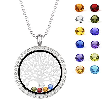 EBOETA Pendant Necklace Tree of Life Gemstone Charms Living Memory Locket, Crystal Quartz