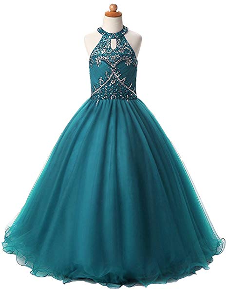 HEIMO Long Beading Ball Gown Formal Party Dress Flower Girl Halter Sequins Pageant Dresses H193