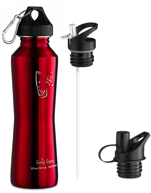 Swig Savvy Stainless Steel Water Bottle 25oz Includes 3 Leak Resistant Caps Red