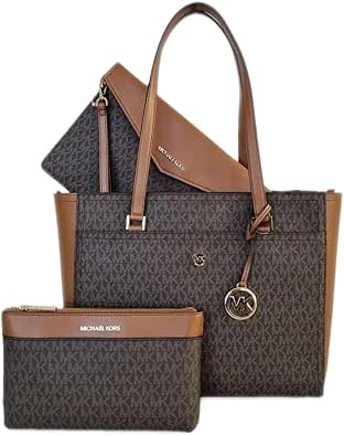 Michael Kors Womens Maisie 3 In 1 Bundle Large Top Zip Tote Crossbody Pouch Wristlet MK Signature (Brown)