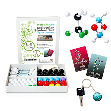 MolecularLab.Net Organic Chemistry Molecular Model Kit Student Set - (54 Atoms and 70 Links) - Includes Instruction Guide, Keychain Gift & Two Bookmarks with Molecule of Love OR Happiness MM-003