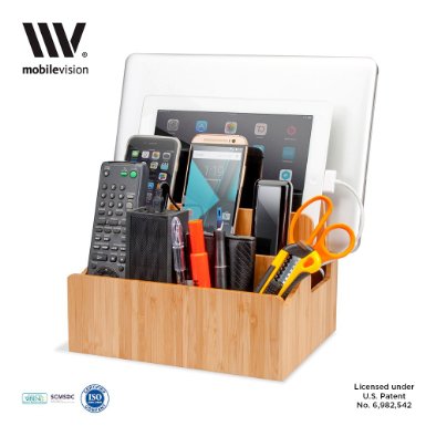 MobileVision Bamboo Charging Station Stand and Multi Device Organizer Charging Dock with Extension Compartments for Desktop Storage, Caddy / Tray Space Saver capabilities for your Smartphones / Tablets like Apple iPhone / iPad, Samsung Galaxy / Laptops, Macbook and more