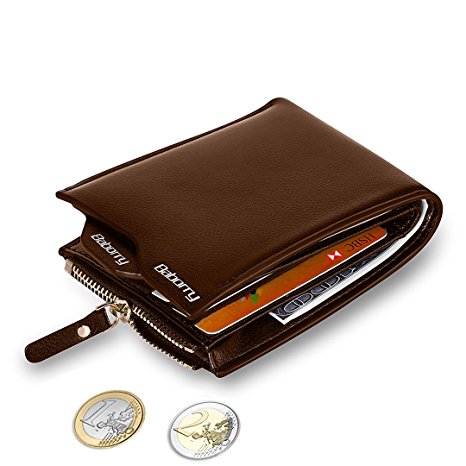 MPTECK @ Brown RFID Blocking PU Leather Wallet for men with coin pocket and removable card holder for identity card, Driving license, Credit card