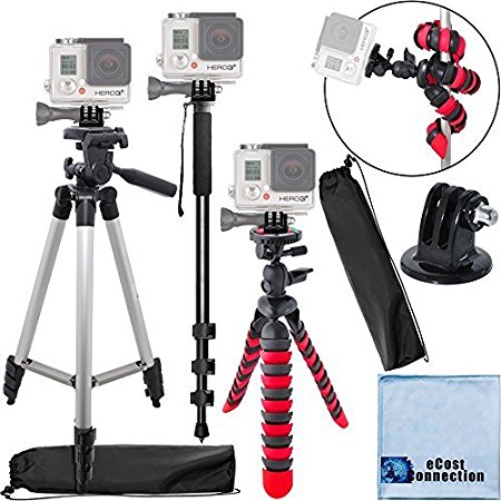 50" Inch Camera Tripod, 72" Inch Monopod with Quick Release, 12" Inch Flexible Tripod with Wrapable Disc Legs, Tripod Mount for All GoPro HERO Cameras & an eCostConnection Microfiber Cloth