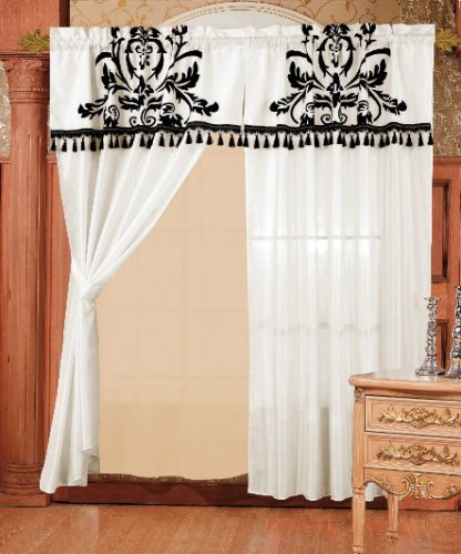 Chezmoi 2 Panel Black and White Floral Window Curtain/Drape Set with Valance-treatment Drapery