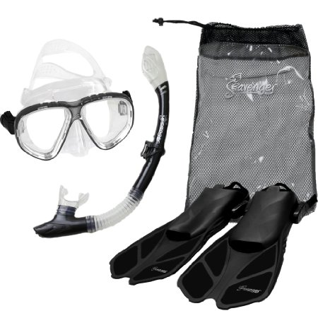 Seavenger Diving Snorkel Set- Dry Top Snorkel / Trek Fin / 2-windows Tempered Glass Mask / Gear bag- Blue/Red/Yellow/Black/BS