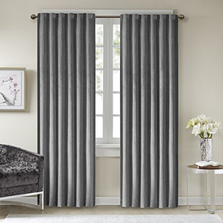 Comfort Spaces - Poly Velvet Window Curtain Pair 4pc set - Dark Grey - 50x84 Inch Panel - Energy Efficient Saving - Curtain Rod Pocket - Include 2 Panels and 2 Tiebacks