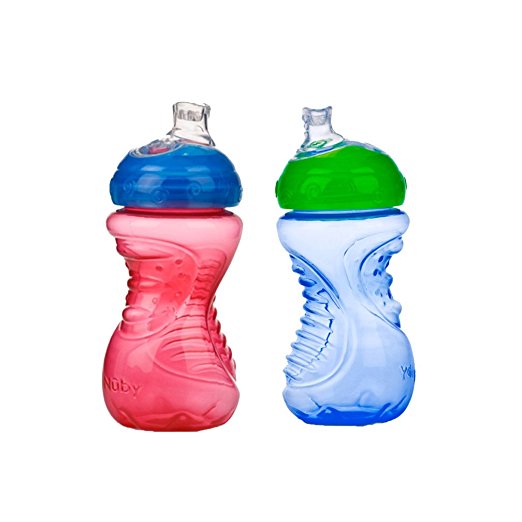 Nuby 2-Pack No-Spill Super Spout Easy Grip Cup, 10 Ounce, Red and Blue