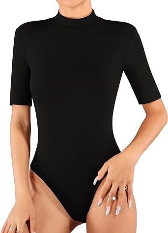 MANGOPOP Womens Mock Turtle Neck Bodysuits Long Sleeve Tank Tops Bodysuit for Going Out