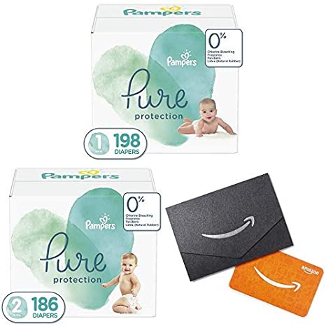 Diapers Size 1, 198 Count and Size 2, 186 Count - Pampers Pure Disposable Baby Diapers, Hypoallergenic and Unscented Protection, ONE Month Supply with $20 Gift Card