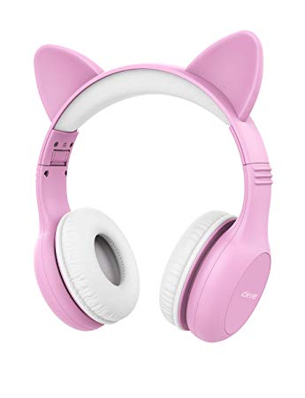 iClever Kids Headphones - Wired Headphones for Kids Stereo Sound Adjustable Headband Cat Ear Microphone Foldable Tangle-Free Wires 94dB Volume Limiting - Childrens Headphones Over Ear, Pink