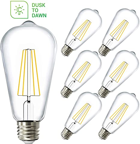 Sunco Lighting 6 Pack ST64 LED Bulb, Dusk-to-Dawn, 7W=60W, 4000K Cool White, Vintage Edison Filament Bulb, 800 LM, E26 Base, Outdoor Decorative String Light - UL, Energy Star
