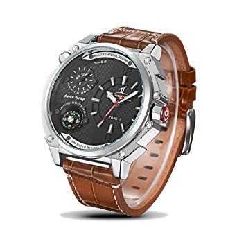 AMPM24 Dual Time Zone Compass Leather Strap Men Analog Business Quartz Wristwatch