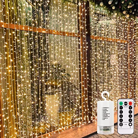 echosari 300 LED Curtain Lights Battery Operated, 9.8Ft x 9.8Ft Outdoor Curtain Lights for Bedroom, Wedding Backdrops, Christmas, Party Decór (Warm White)