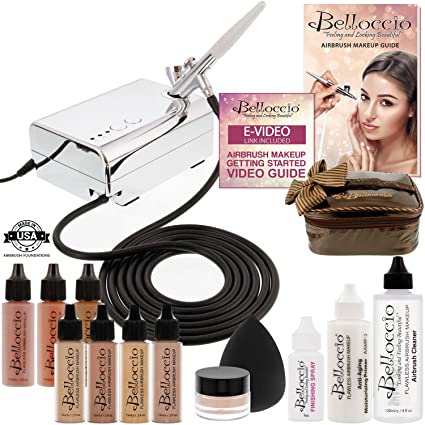 Belloccio Professional Beauty Deluxe Airbrush Cosmetic Makeup System with 4 Medium Shades of Foundation in 1/2 oz Bottles - Kit includes Blush, Bronzer and Highlighter & 3 Free Bonus Items, Video Link