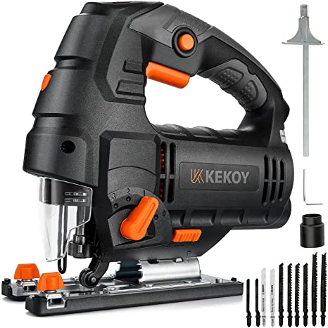 Jig Saw, 800W Electric Jig Saws with Powerful Copper Motor, 3000 SPM with 6 Variable Speed, 10 Piece T-Shank Blades, 4 Orbital Sets and 0°-45° Bevel Cutting, 3M Wire