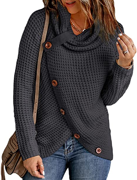 Asvivid Button Cowl Neck Sweaters for Women Long Sleeve Asymmetric Wrap Pullover Sweater Jumper Tops